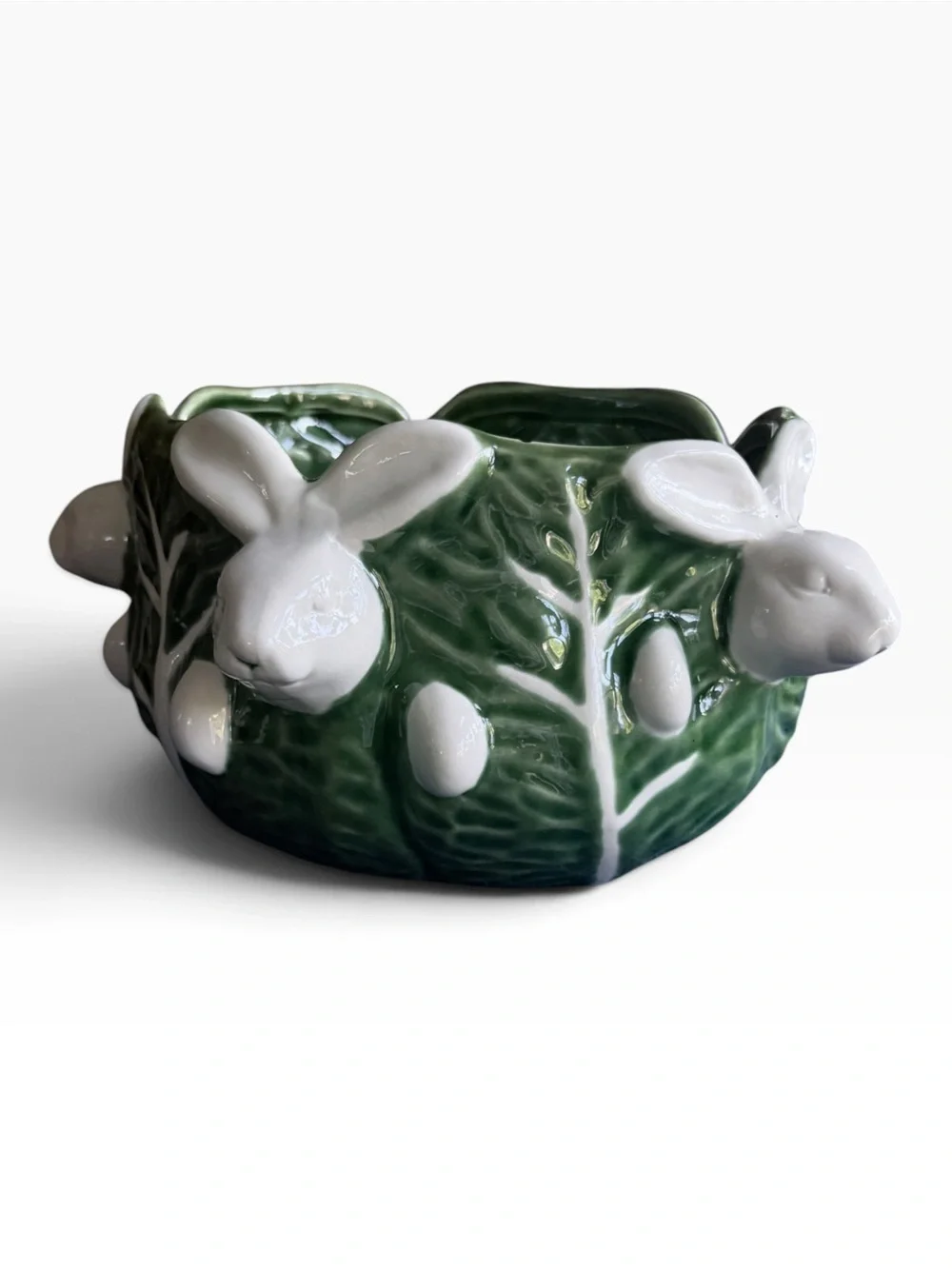 Vintage Maxcera Cabbages Bunny Planter | Green Ceramic Rabbit Cachepot